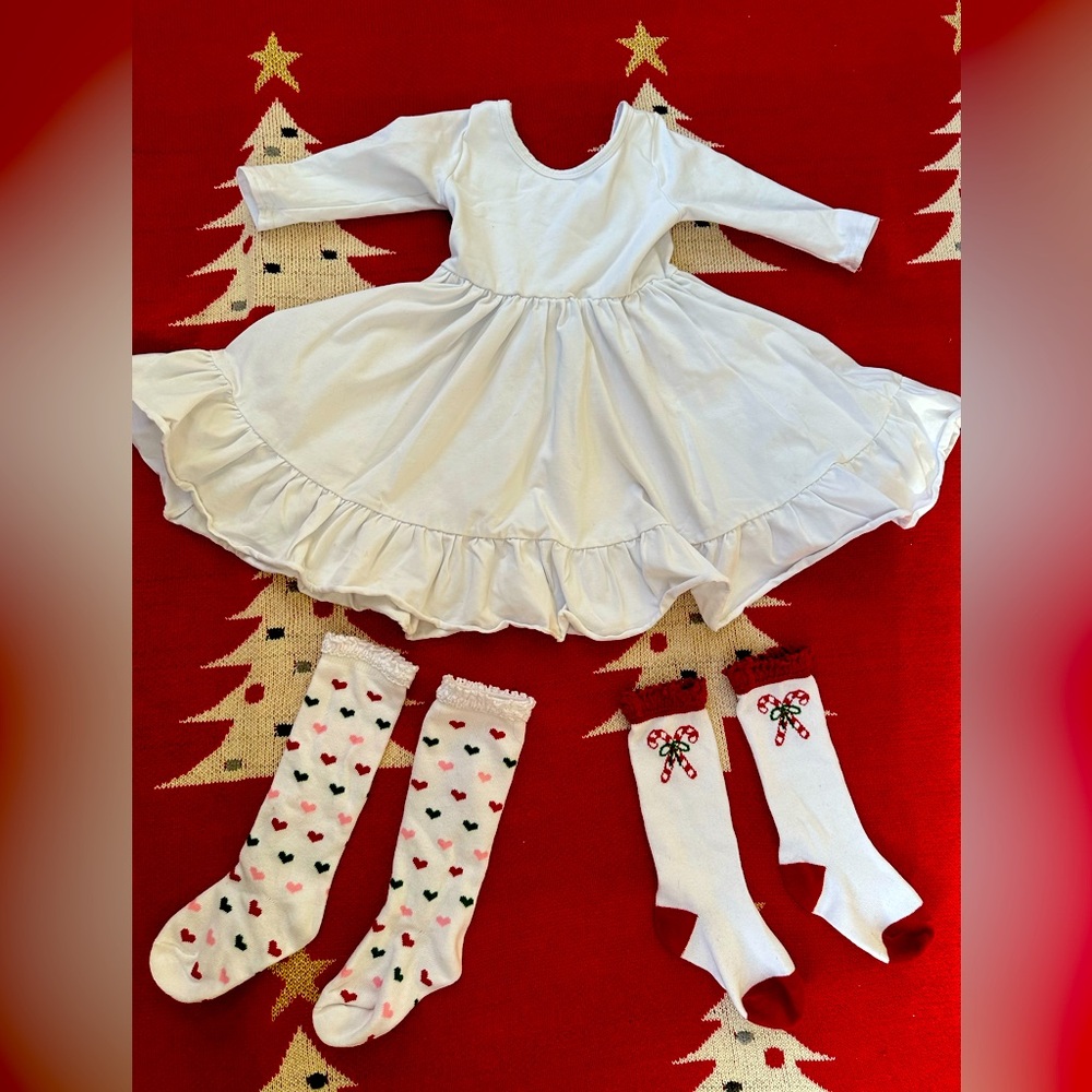 Girlhood Little Stocking Co. White Twirl Dress & Christmas Holiday Knee Socks 3T